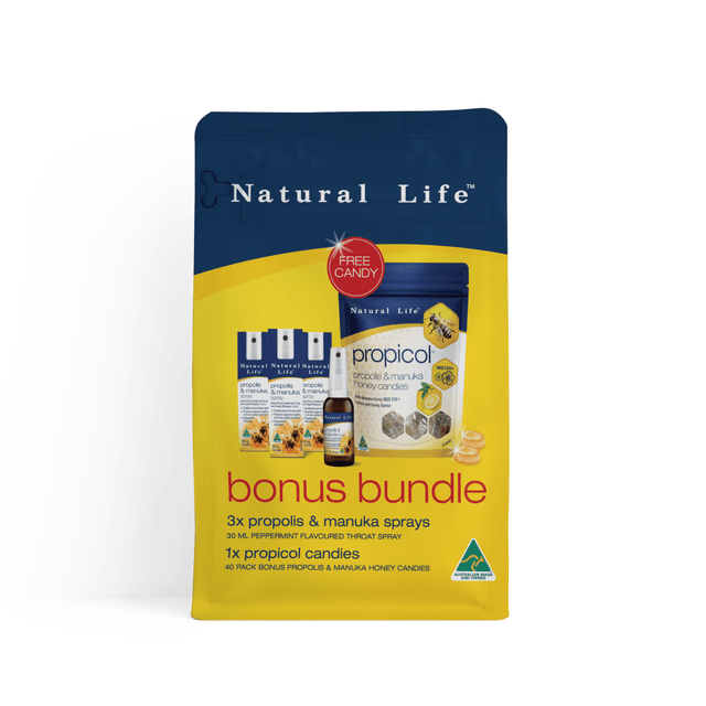 Natural Life Bundle Pack - 3 x Propolis & Manuka Honey Throat Spray 30ml PLUS 1 x FREE Propolis Candy Propolis & Manuka Honey Natural Life™ Australia 